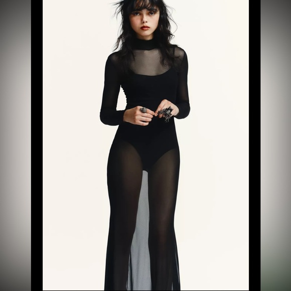 Zara limited edition Semi Sheer Black Maxi Bodysuit Dress - Picture 4 of 9